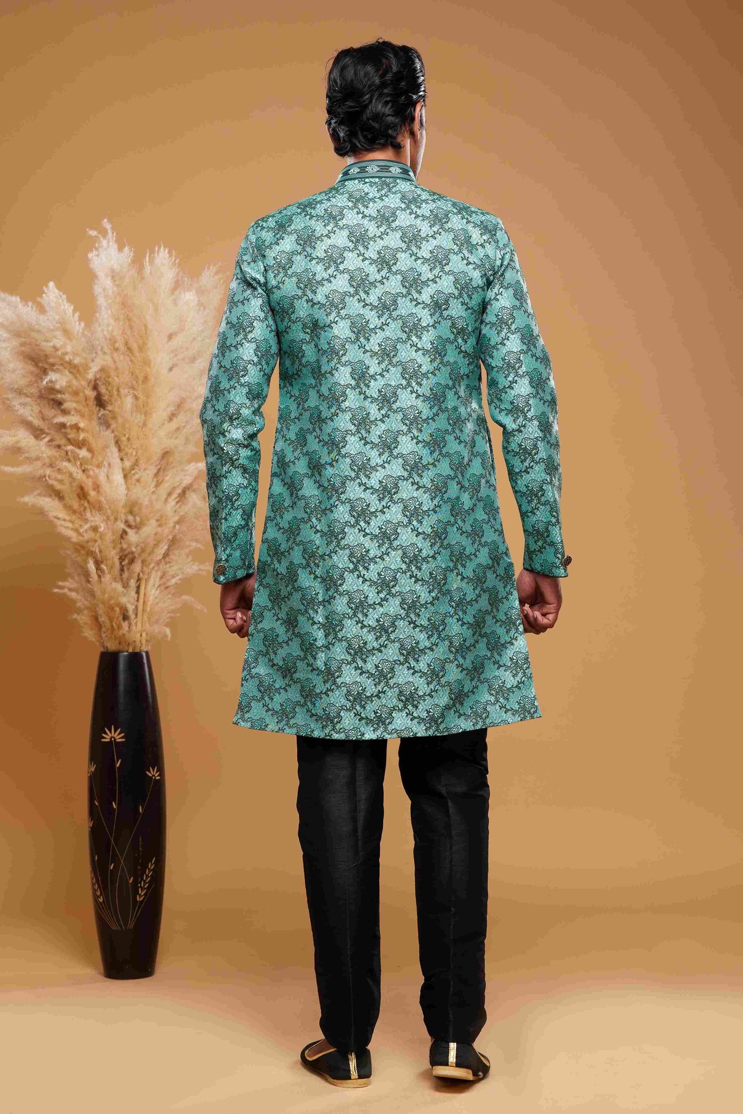 Raivat Ethnic Banarasi Jacquard Embroidery Semi Indo Western Sherwani In Green Colour | Swadesiicart