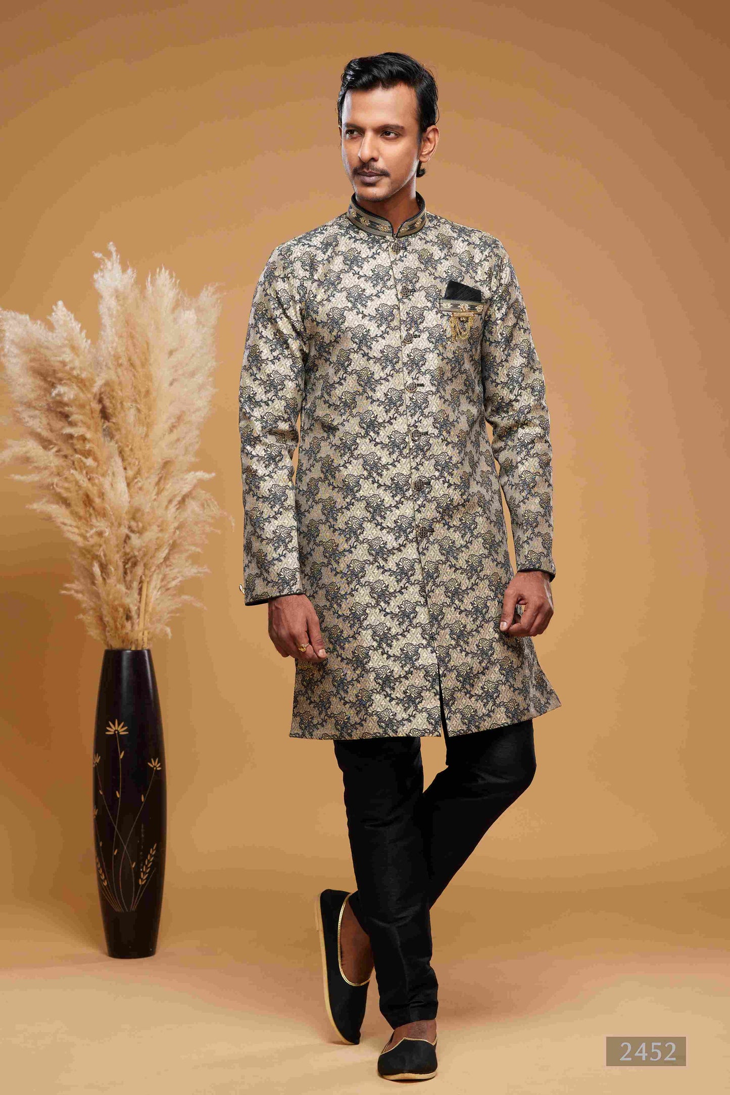 Raivat Ethnic Banarasi Jacquard Embroidery Semi Indo Western Sherwani In Beige Black Colour | Swadesiicart