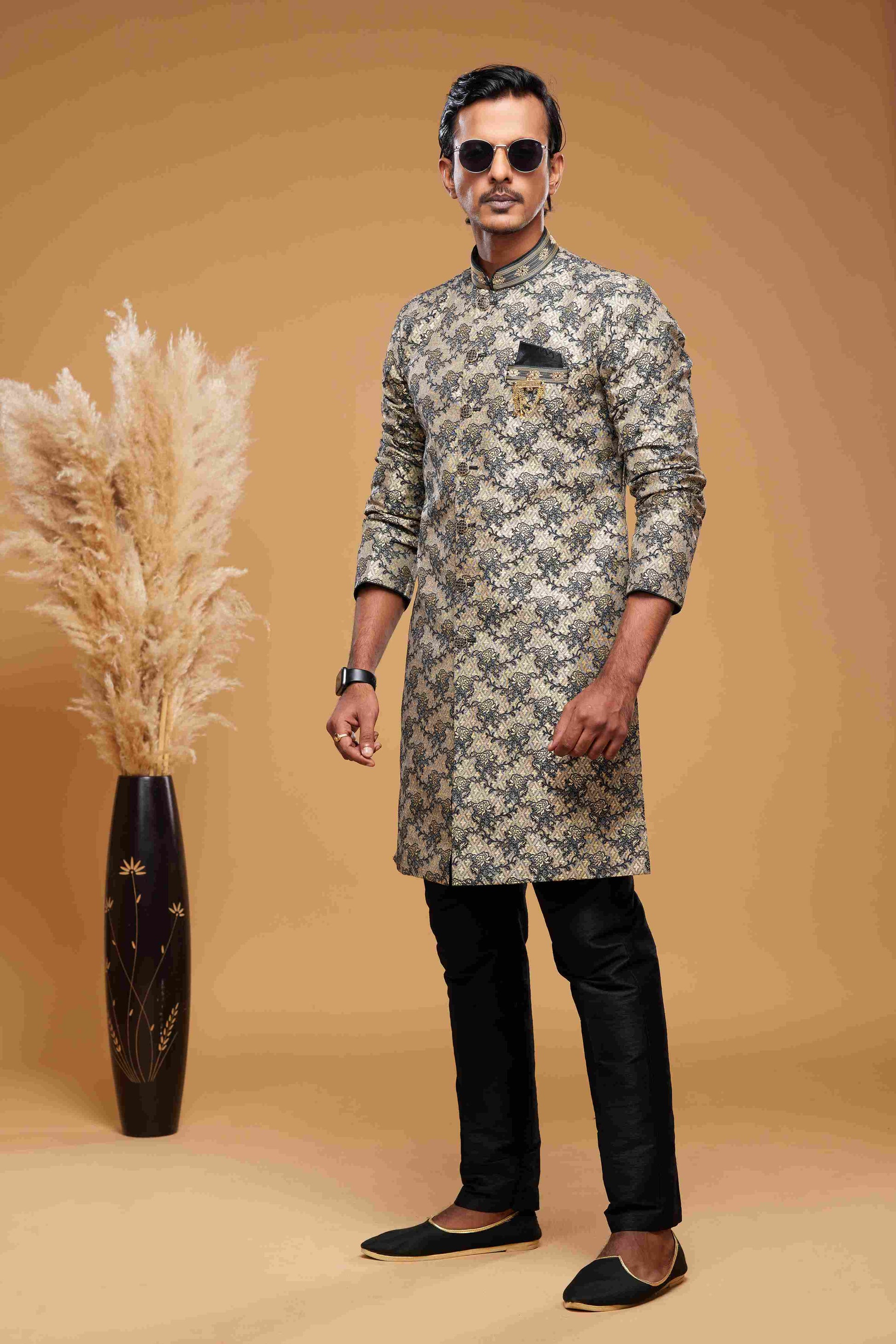 Raivat Ethnic Banarasi Jacquard Embroidery Semi Indo Western Sherwani In Beige Black Colour | Swadesiicart