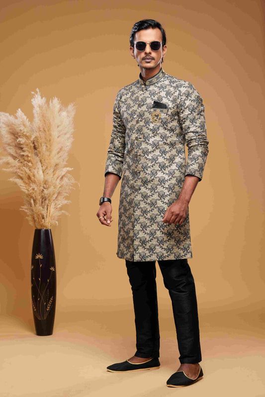 Raivat Ethnic Banarasi Jacquard Embroidery Semi Indo Western Sherwani In Beige Black Colour | Swadesiicart