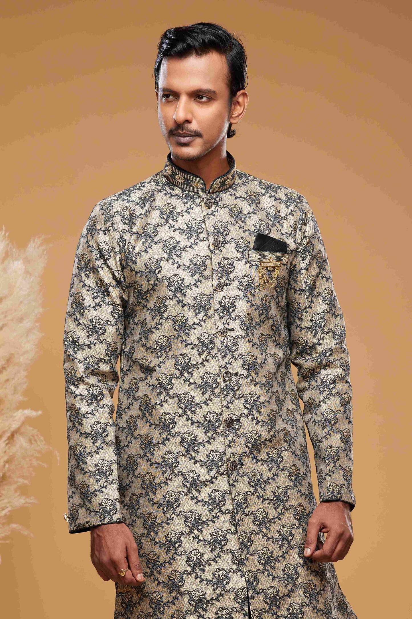 Raivat Ethnic Banarasi Jacquard Embroidery Semi Indo Western Sherwani In Beige Black Colour | Swadesiicart