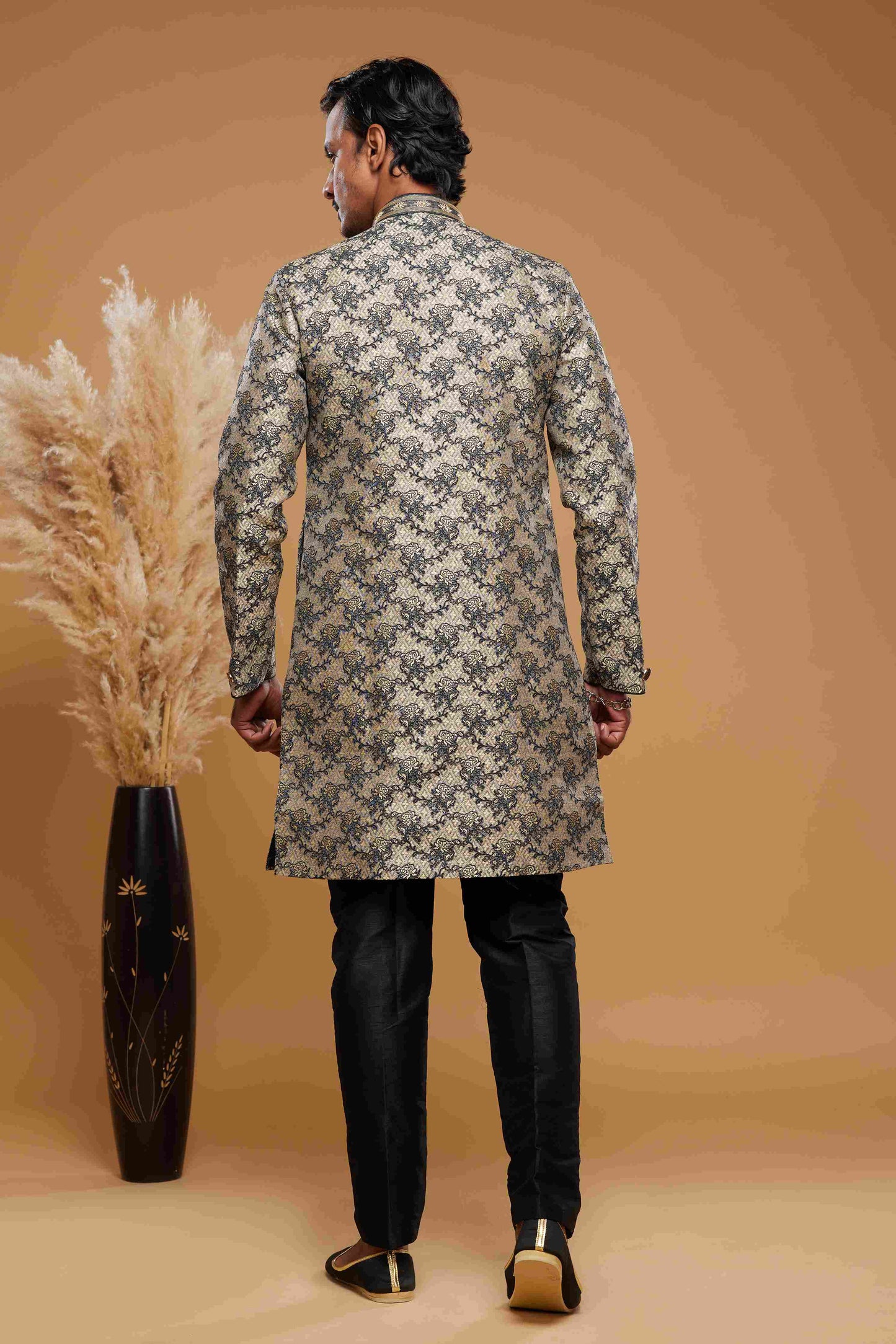 Raivat Ethnic Banarasi Jacquard Embroidery Semi Indo Western Sherwani In Beige Black Colour | Swadesiicart