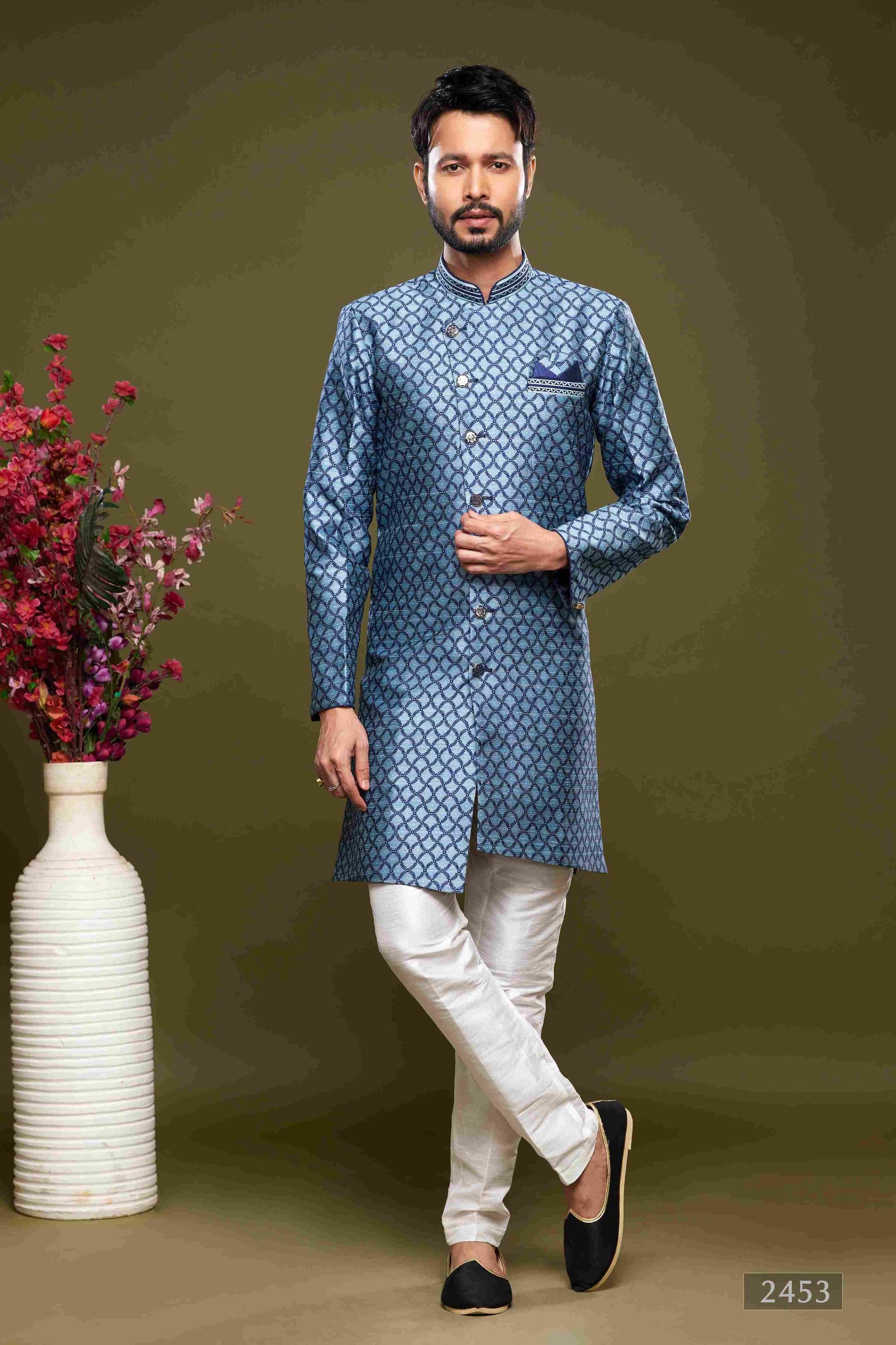 Raivat Ethnic Banarasi Jacquard Embroidery Semi Indo Western Sherwani In Blue Colour | Swadesiicart