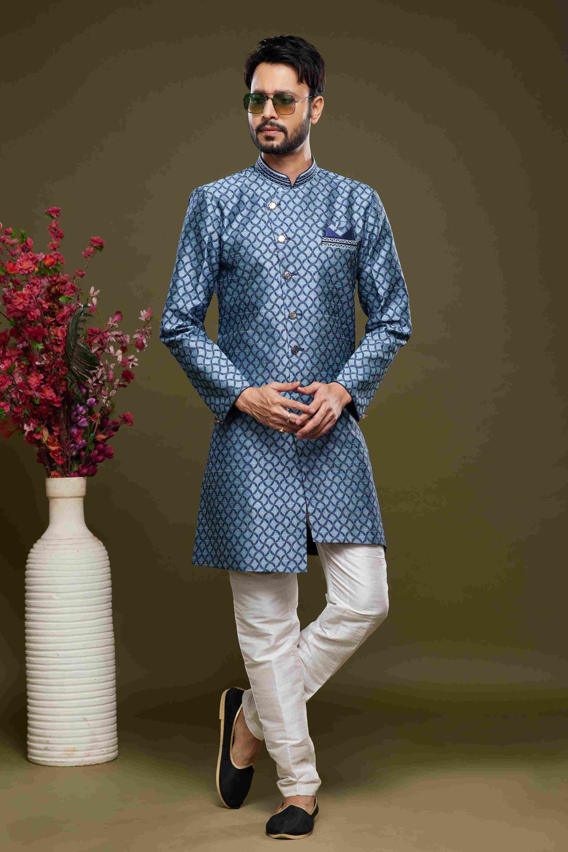 Raivat Ethnic Banarasi Jacquard Embroidery Semi Indo Western Sherwani In Blue Colour | Swadesiicart