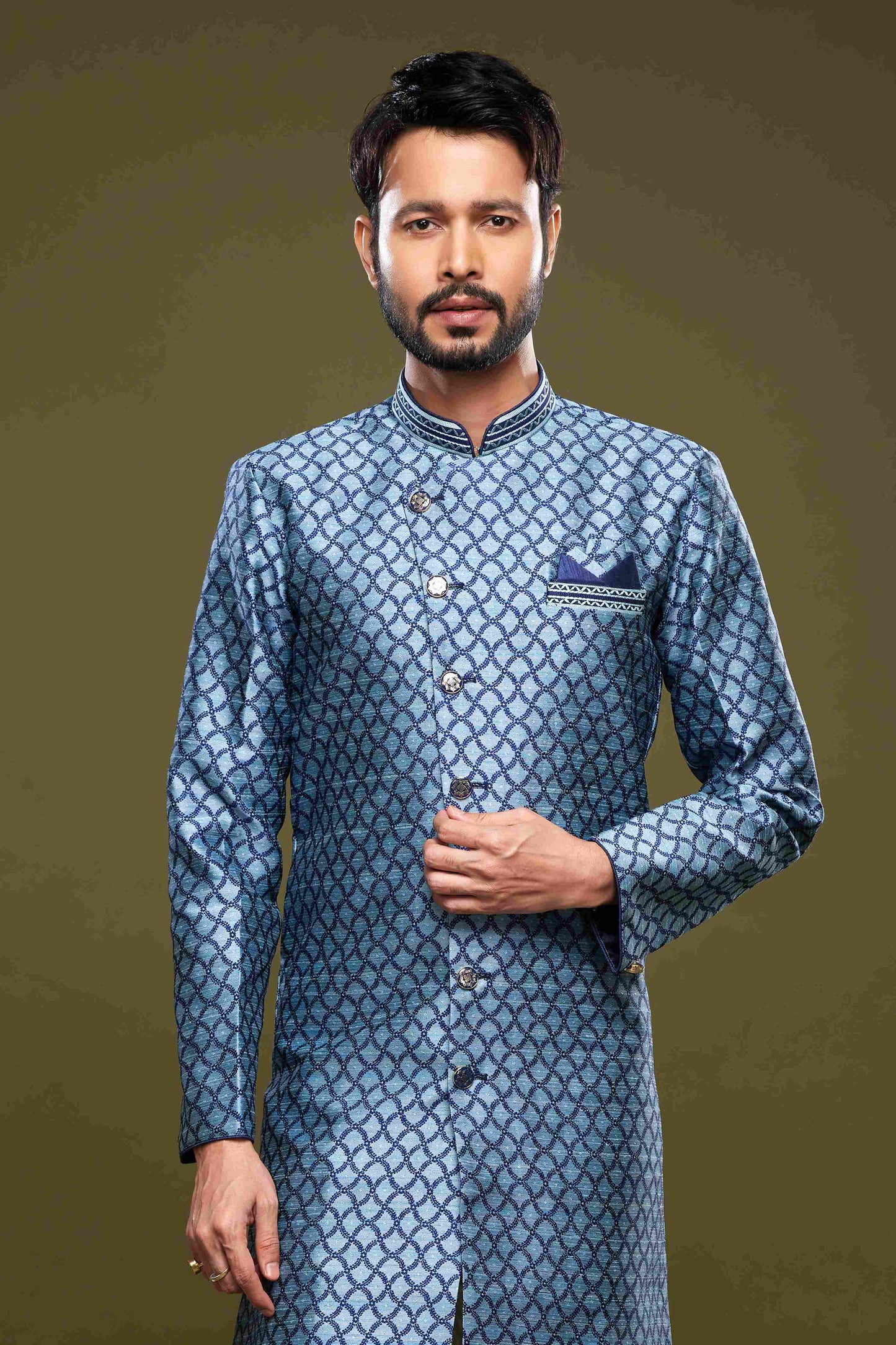 Raivat Ethnic Banarasi Jacquard Embroidery Semi Indo Western Sherwani In Blue Colour | Swadesiicart