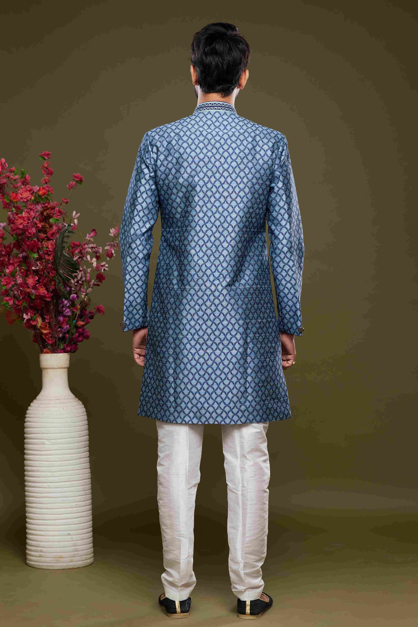 Raivat Ethnic Banarasi Jacquard Embroidery Semi Indo Western Sherwani In Blue Colour | Swadesiicart