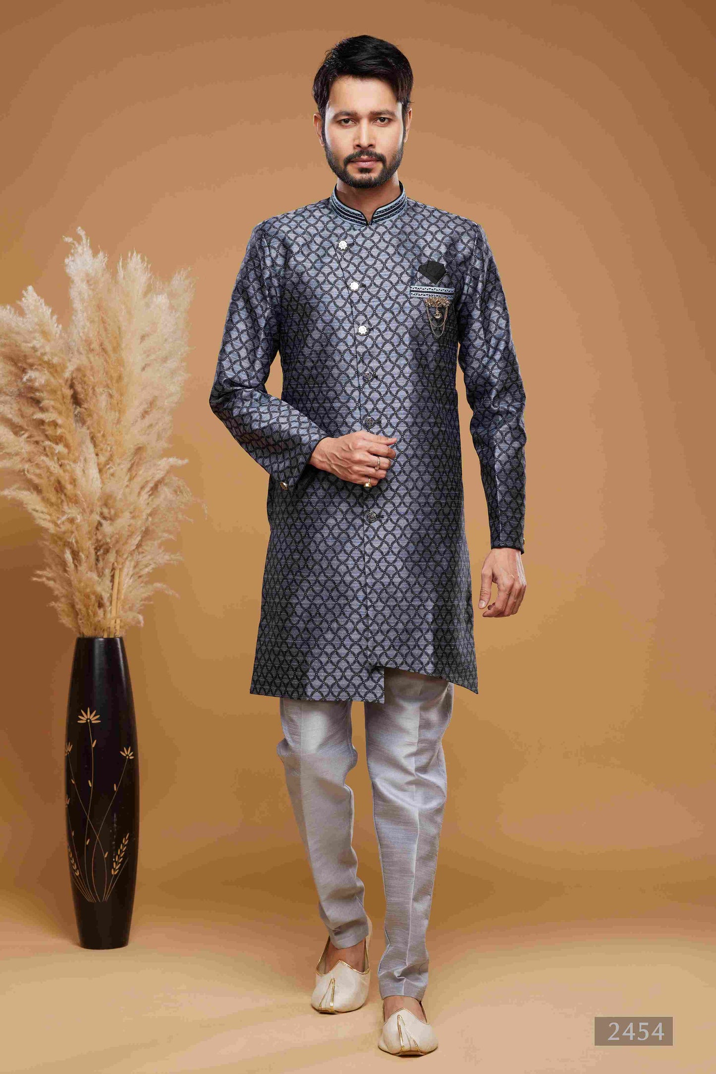 Raivat Ethnic Banarasi Jacquard Embroidery Semi Indo Western Sherwani In Blue Colour | Swadesiicart