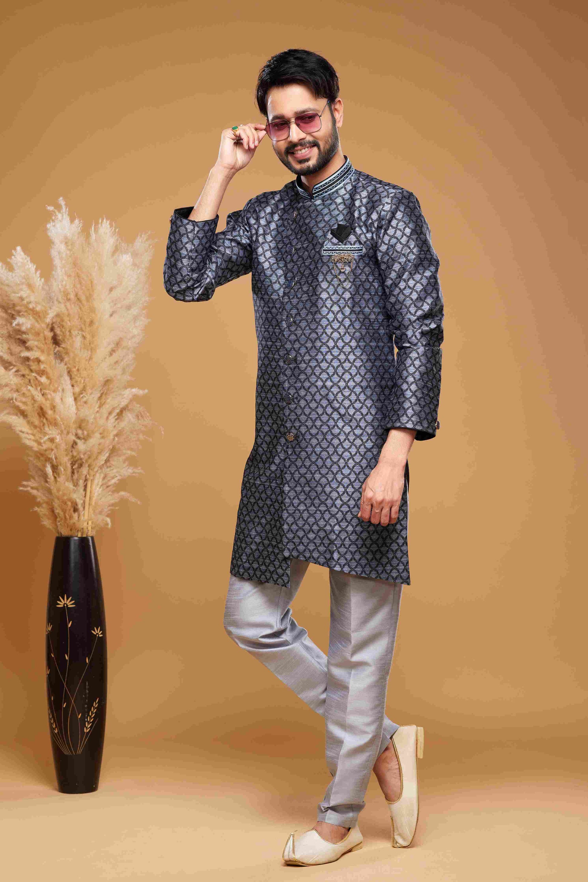 Raivat Ethnic Banarasi Jacquard Embroidery Semi Indo Western Sherwani In Blue Colour | Swadesiicart