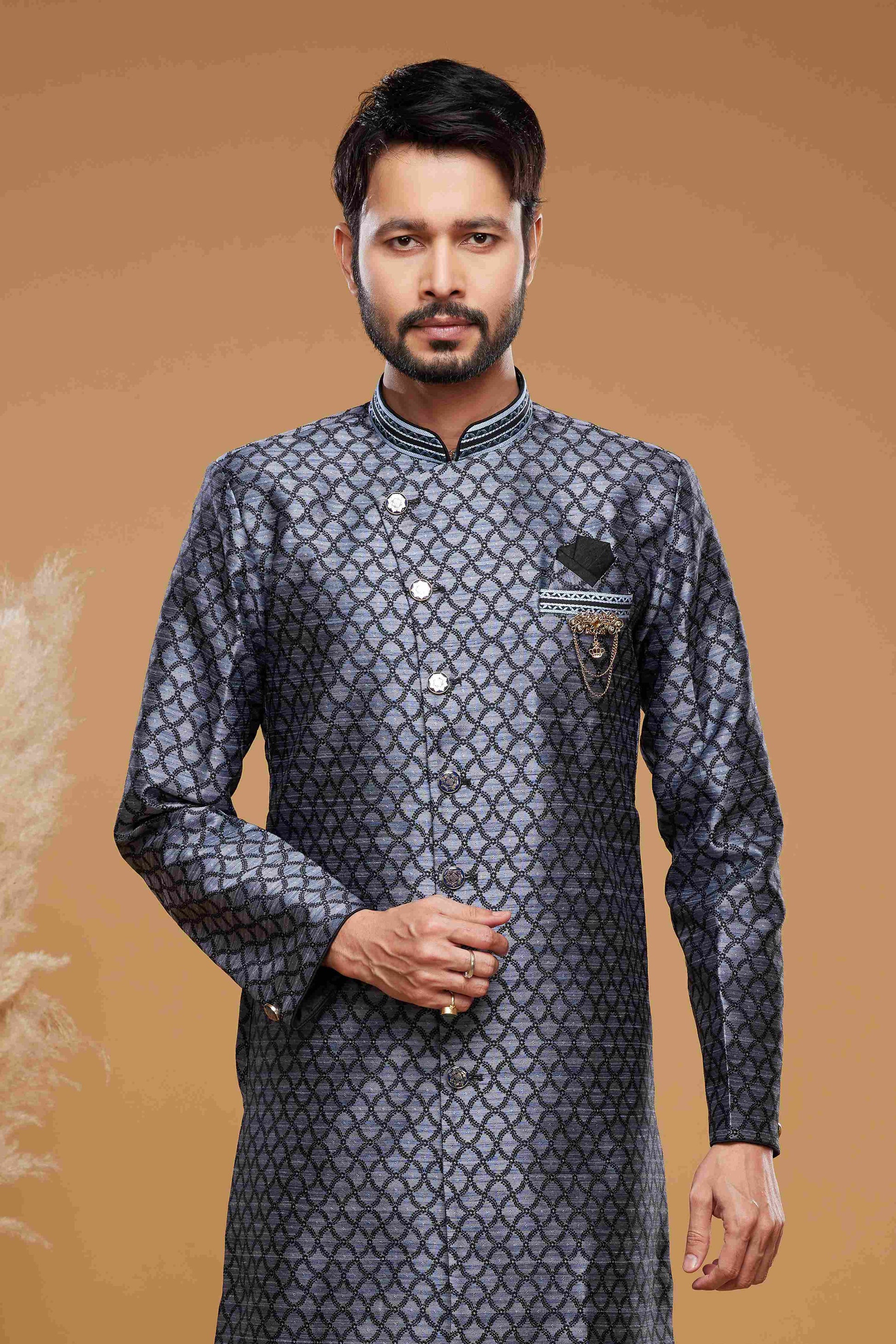 Raivat Ethnic Banarasi Jacquard Embroidery Semi Indo Western Sherwani In Blue Colour | Swadesiicart