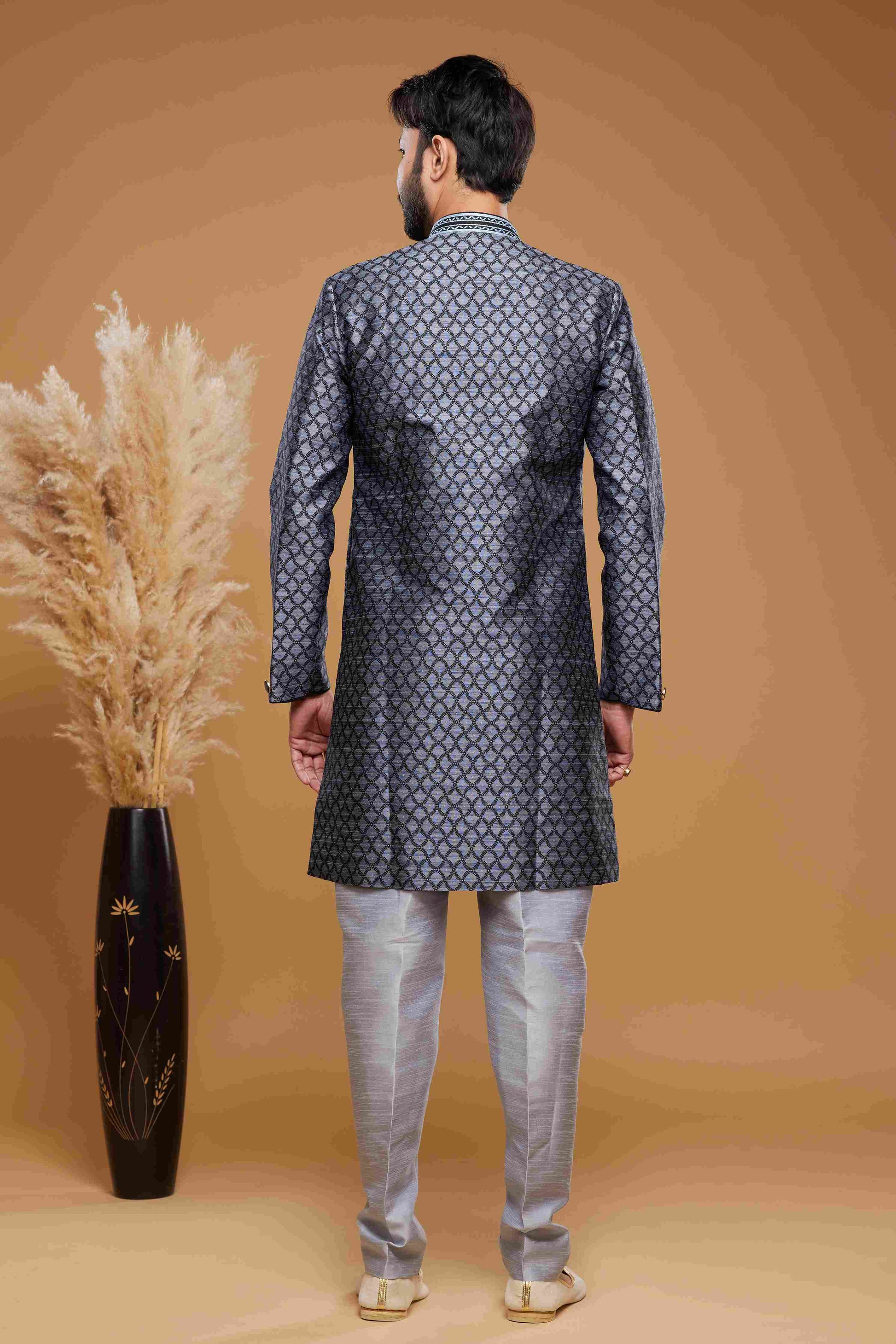Raivat Ethnic Banarasi Jacquard Embroidery Semi Indo Western Sherwani In Blue Colour | Swadesiicart