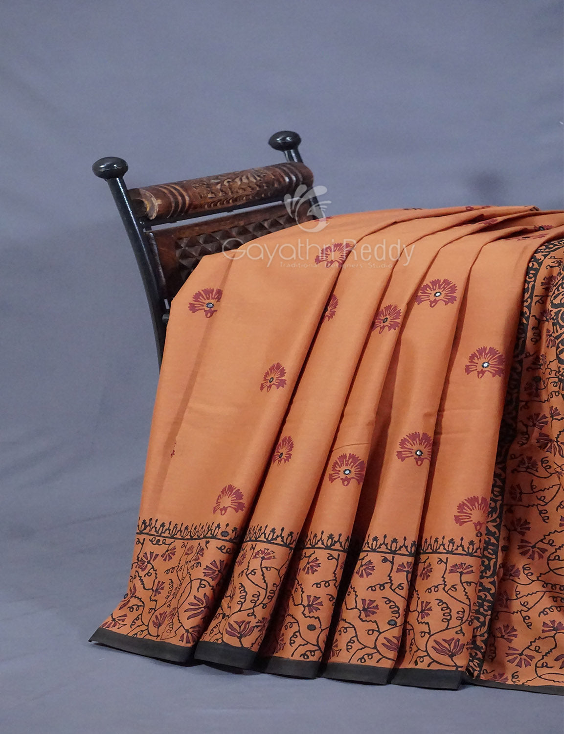 Dark Mustard Colour Block Print With Mirron Embroidered Pure Mulmul Cotton Saree By Gayathri Reddy Designer Studio | Swadesiicart