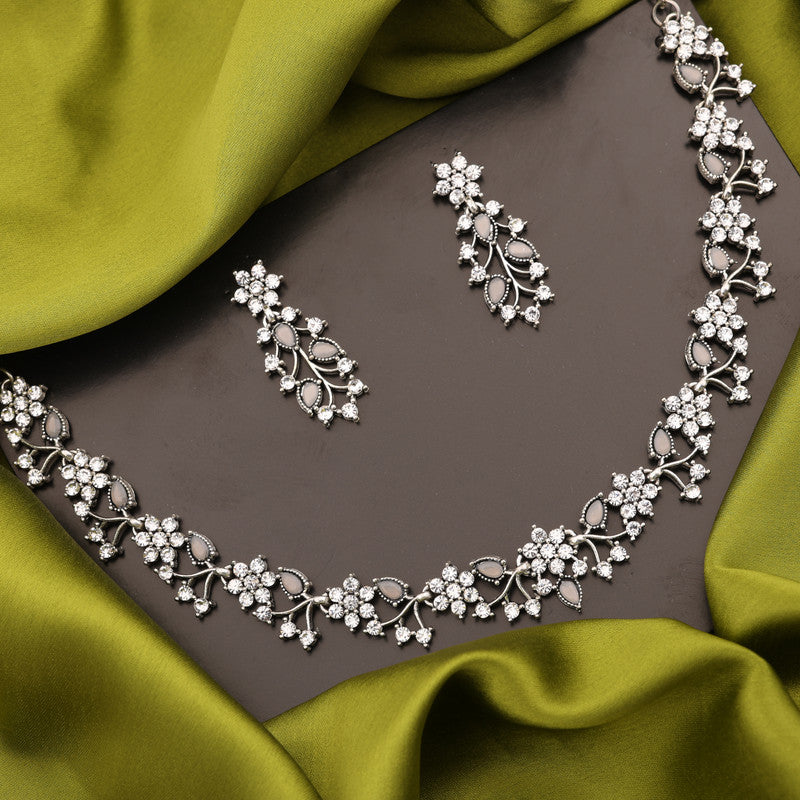 Tehzeeb Creations Silver Pleated White Diamond With Grey Beads Necklace Set - Swadesiicart