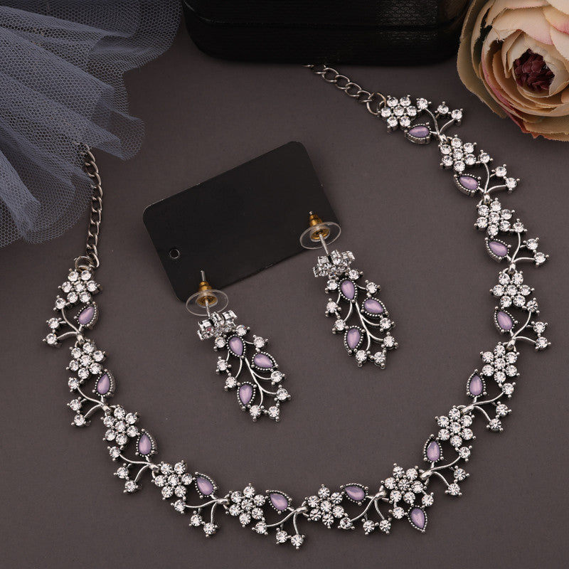 Tehzeeb Creations Silver Pleated White Diamond With Lavender Beads Necklace Set - Swadesiicart