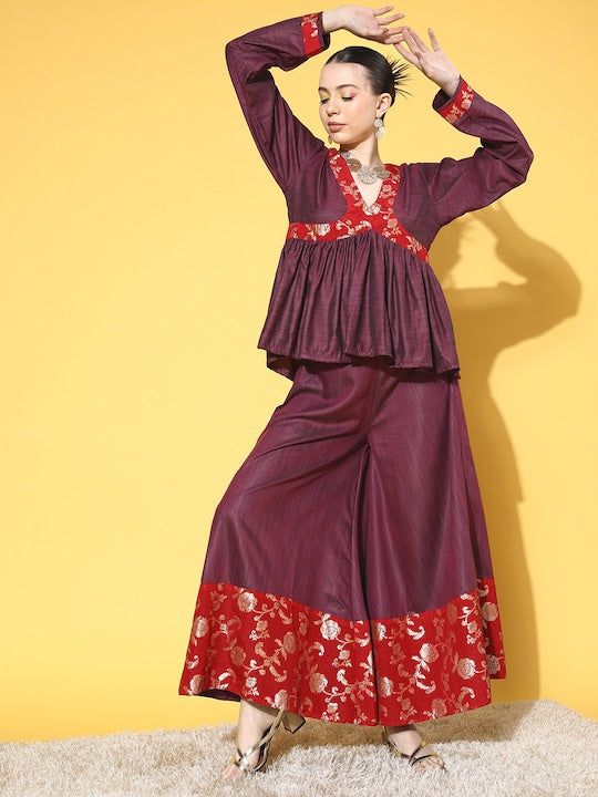 InWeave Women's Wine Red Brocade Mughal Shaan Kurta Palazzo Set - Swadesiicart