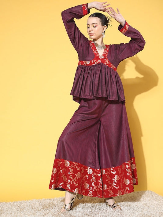 InWeave Women's Wine Red Brocade Mughal Shaan Kurta Palazzo Set - Swadesiicart