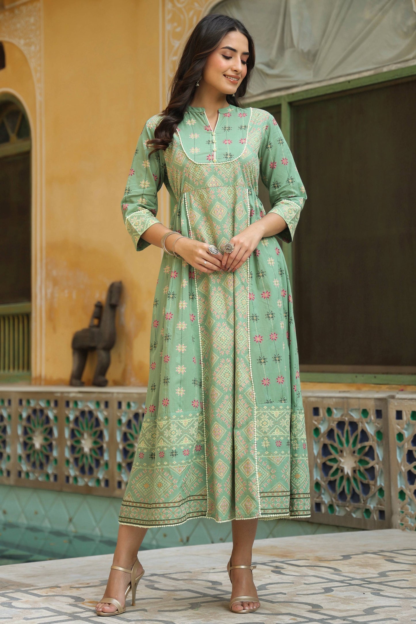 Juniper Women Pistagreen Cambric Printed Flared Dress | Swadesiicart