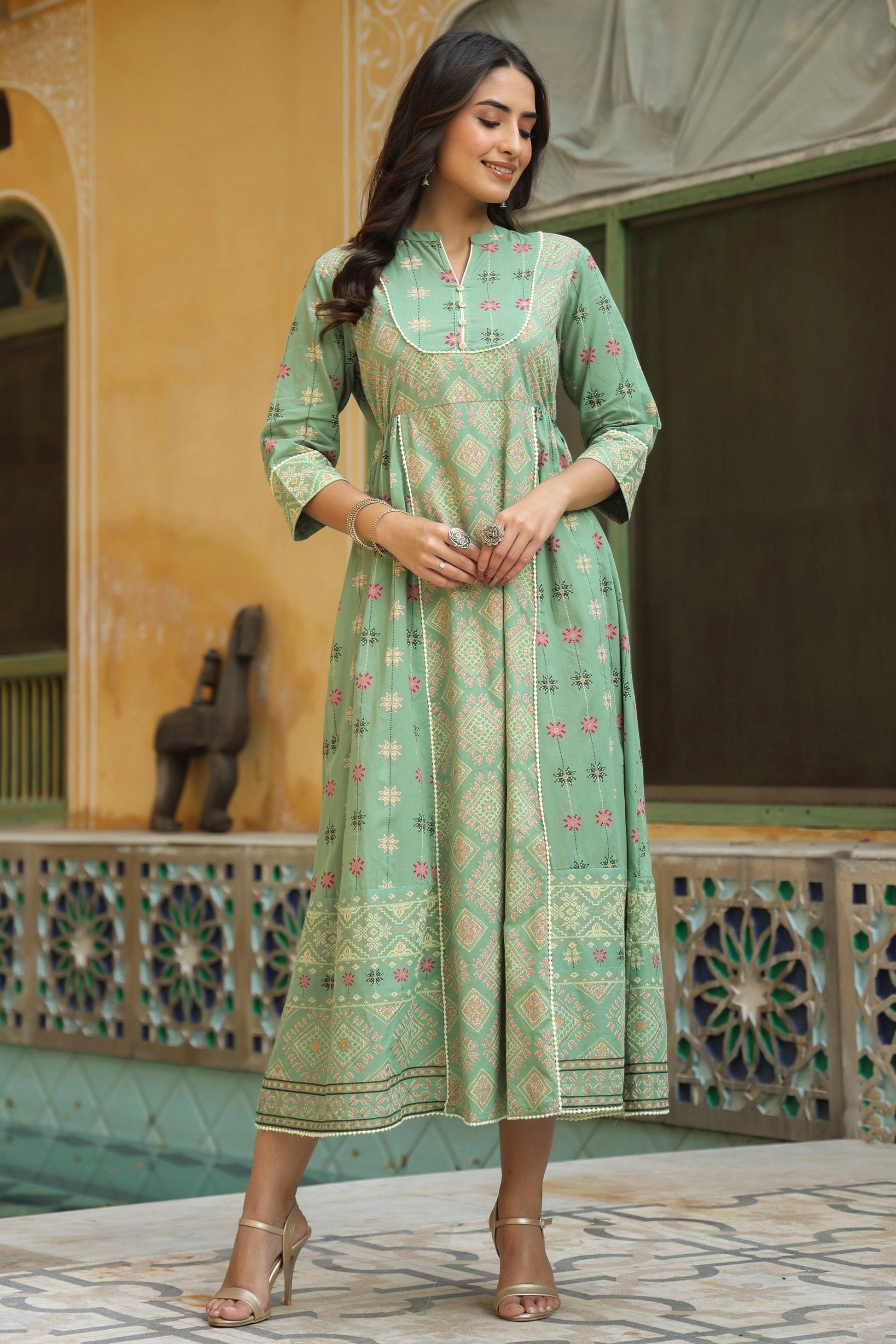Juniper Women Pistagreen Cambric Printed Flared Dress | Swadesiicart