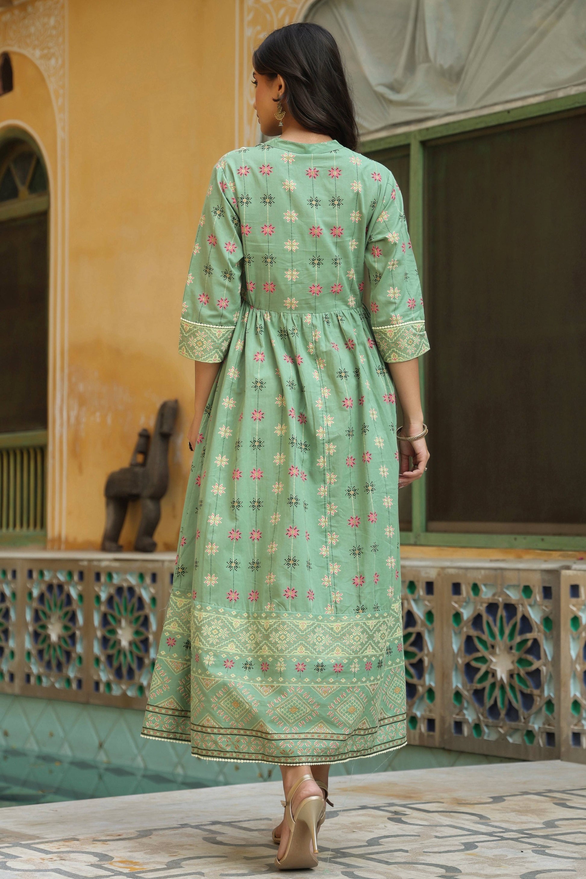 Juniper Women Pistagreen Cambric Printed Flared Dress | Swadesiicart