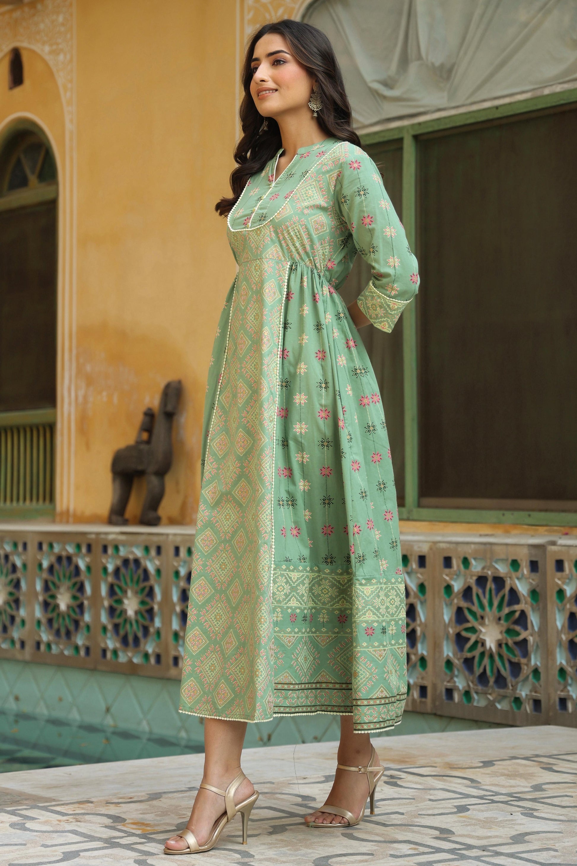 Juniper Women Pistagreen Cambric Printed Flared Dress | Swadesiicart