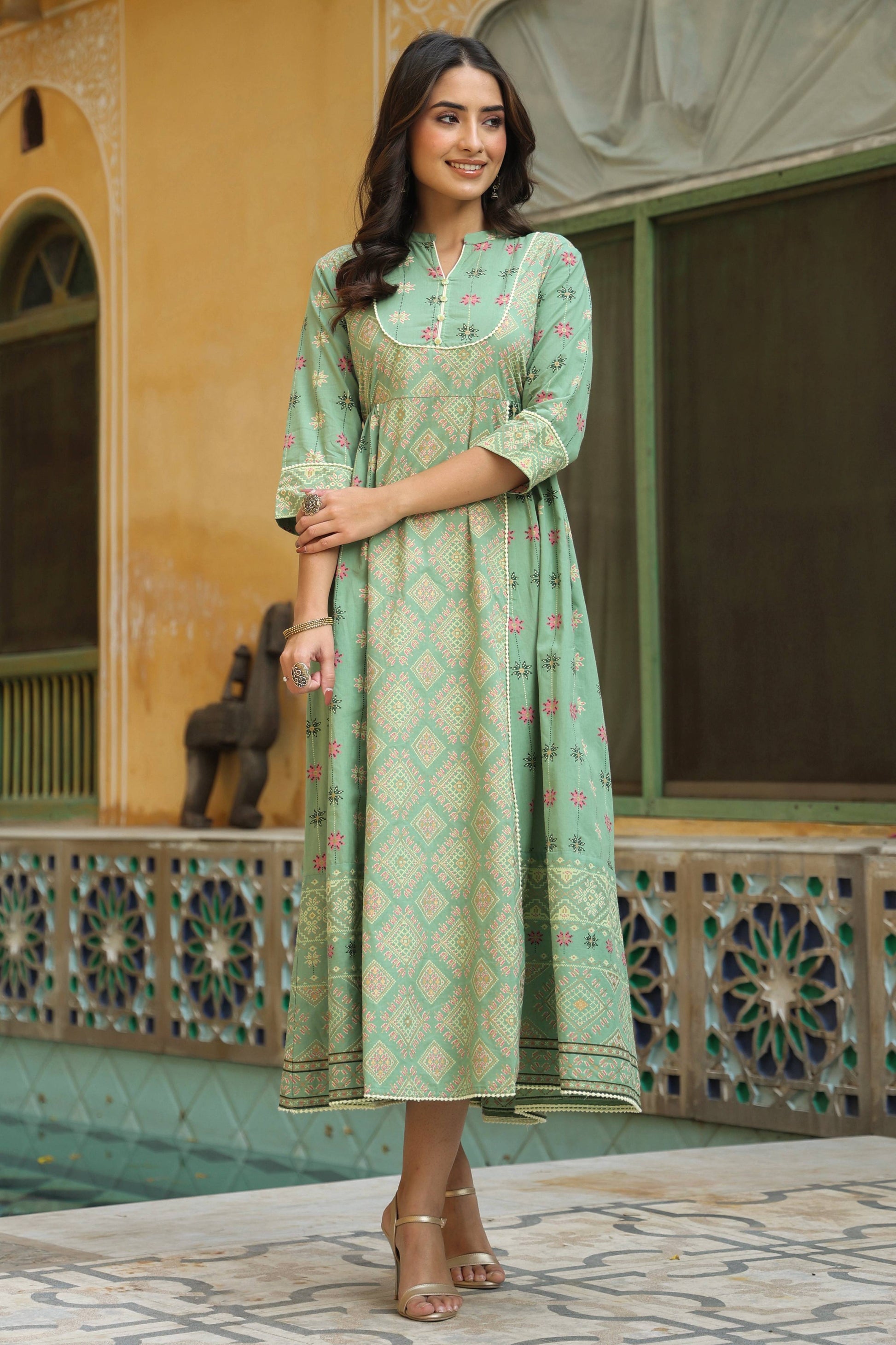 Juniper Women Pistagreen Cambric Printed Flared Dress | Swadesiicart