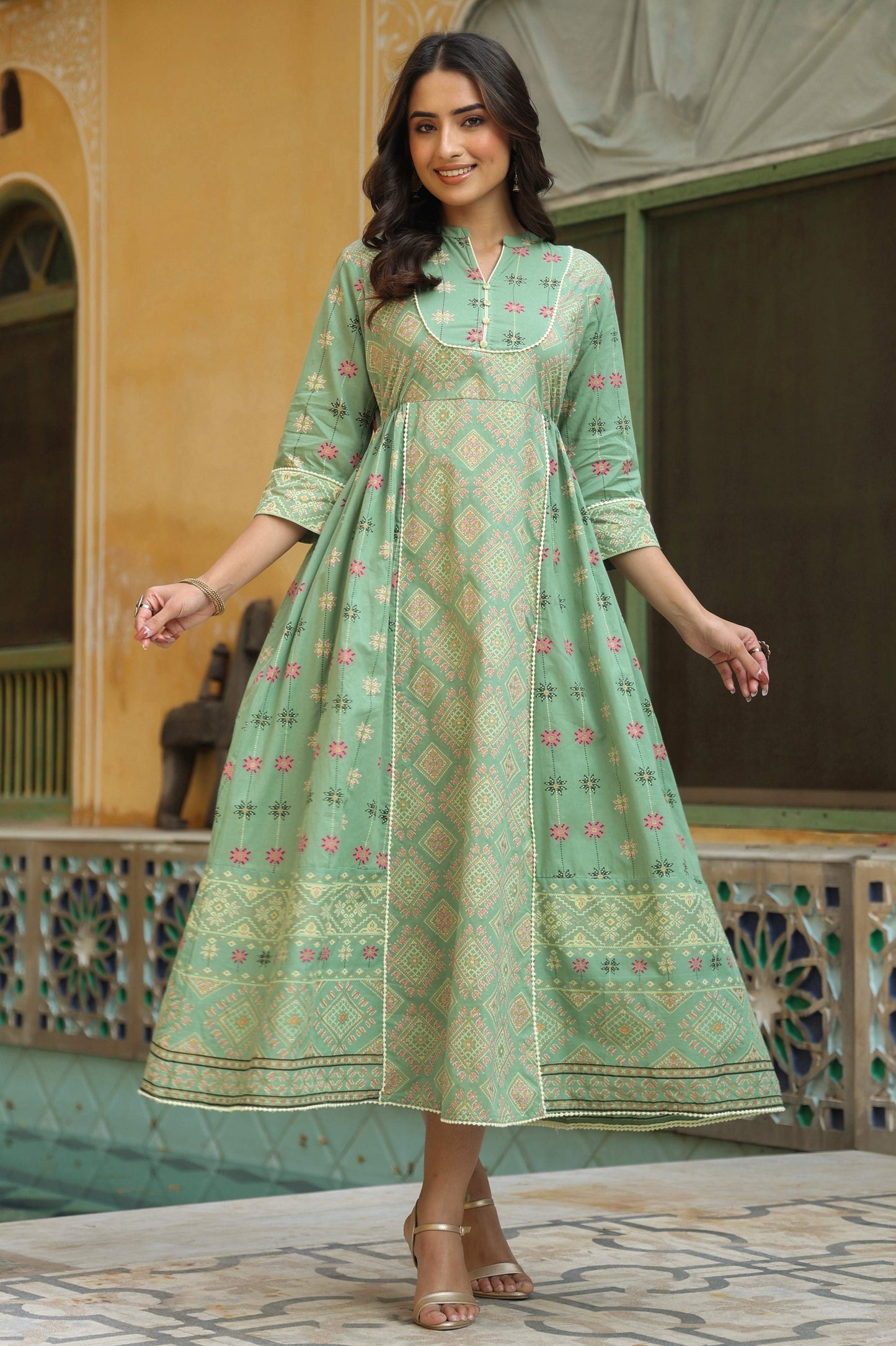 Juniper Women Pistagreen Cambric Printed Flared Dress | Swadesiicart
