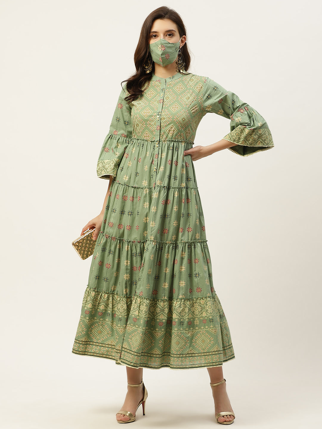 Juniper Womens Pista Green Cambric Printed Tiered Maxi Dress | Swadesiicart