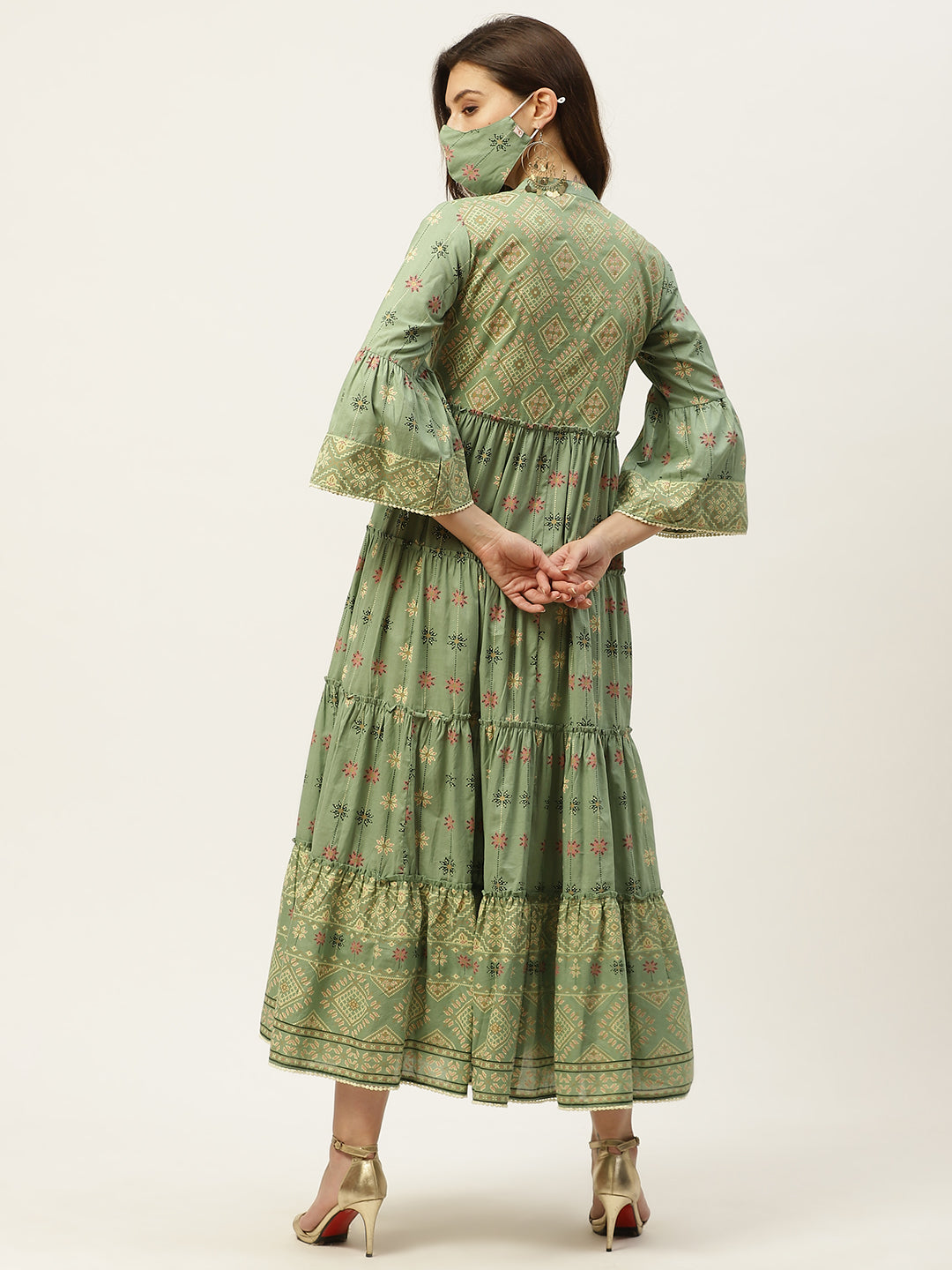 Juniper Womens Pista Green Cambric Printed Tiered Maxi Dress | Swadesiicart