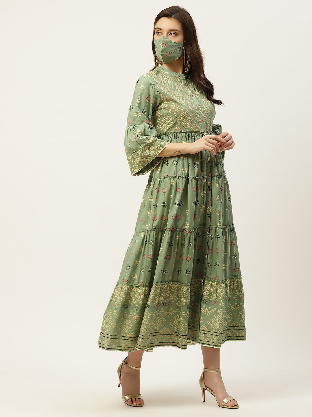 Juniper Womens Pista Green Cambric Printed Tiered Maxi Dress | Swadesiicart