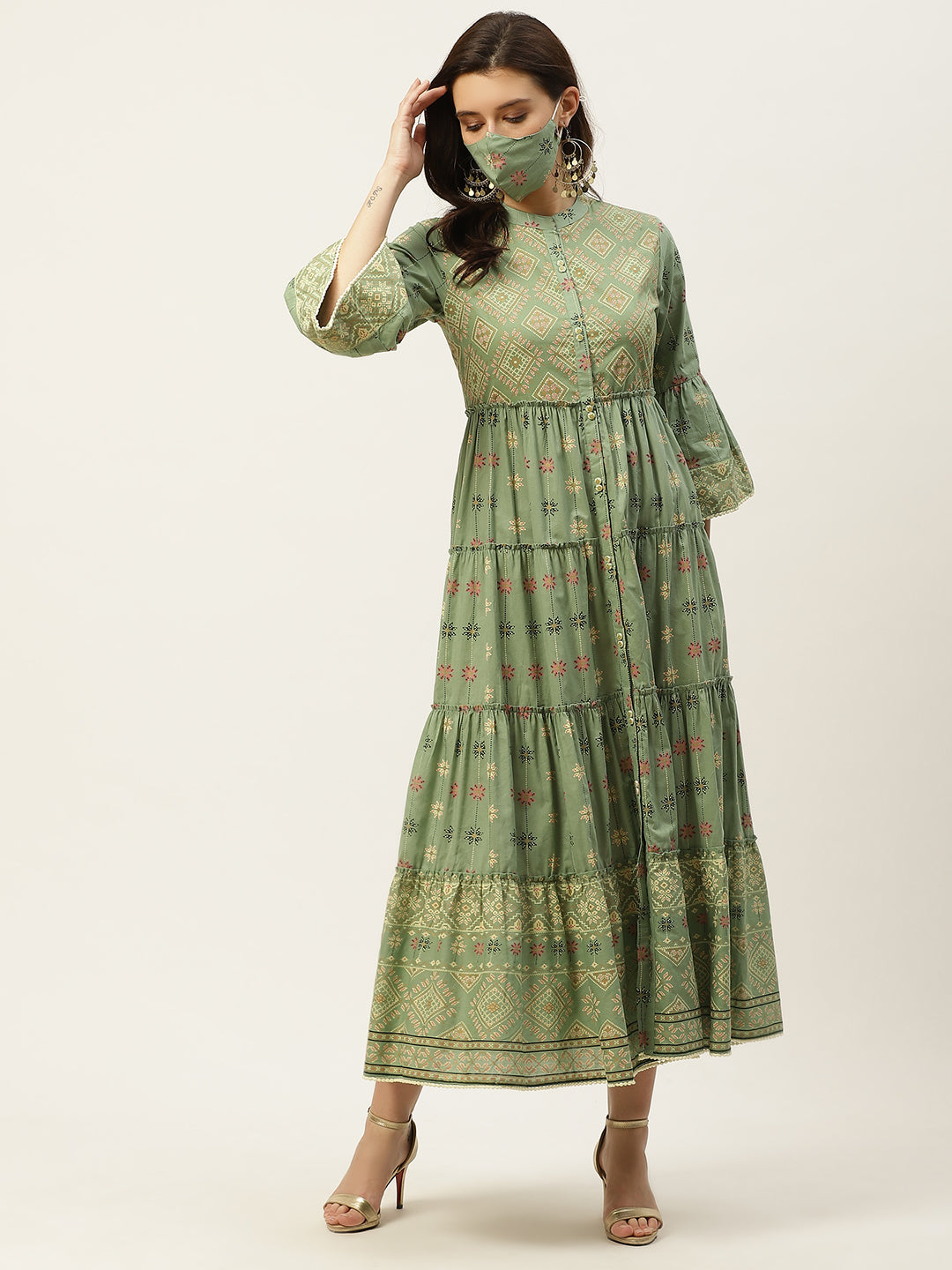 Juniper Womens Pista Green Cambric Printed Tiered Maxi Dress | Swadesiicart