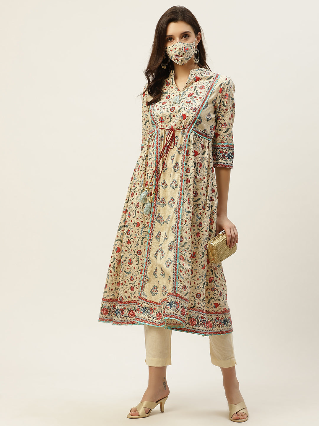 Juniper Womens Beige Cambric Printed Flared Kurta - Swadesiicart