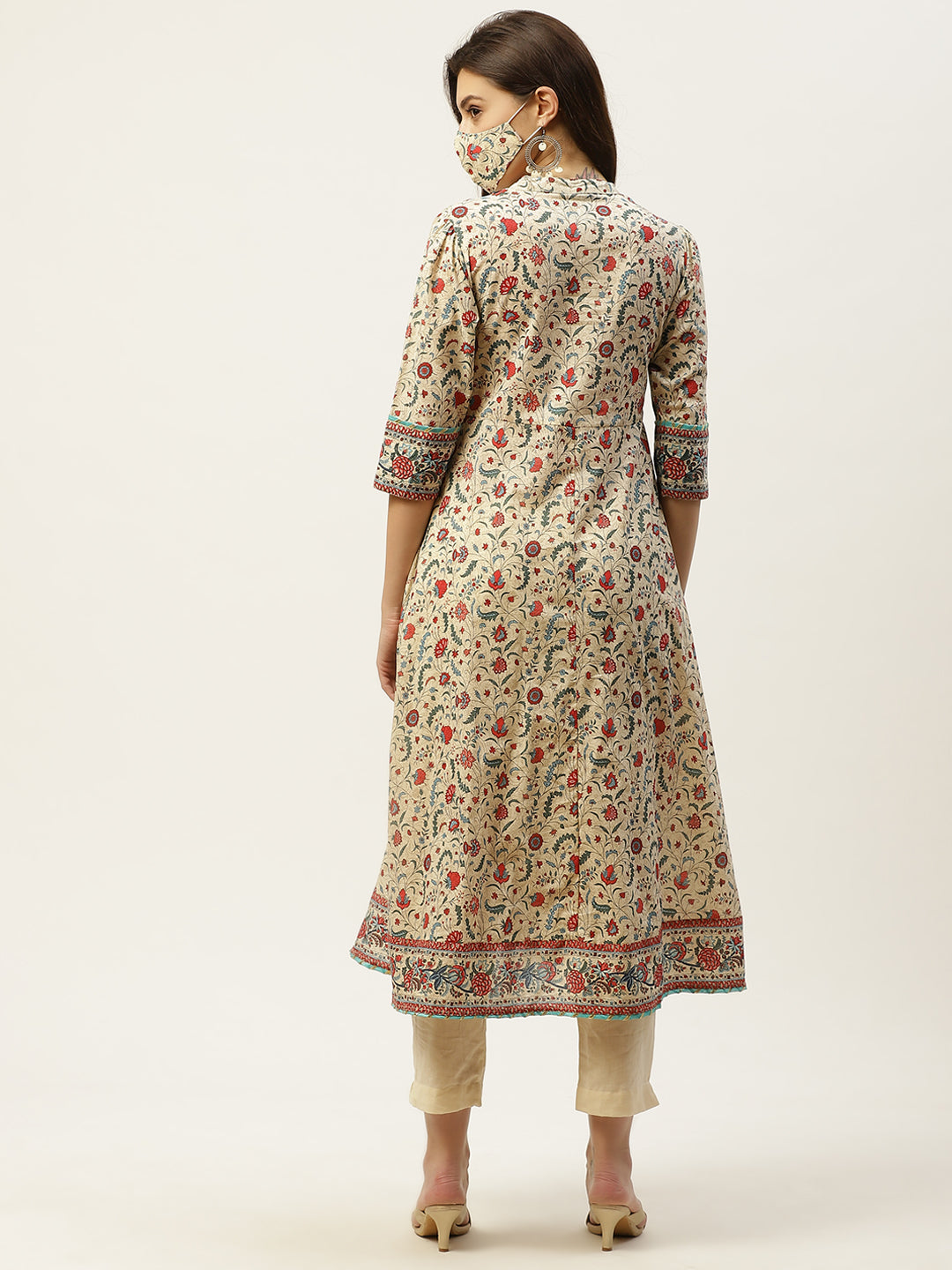 Juniper Womens Beige Cambric Printed Flared Kurta - Swadesiicart