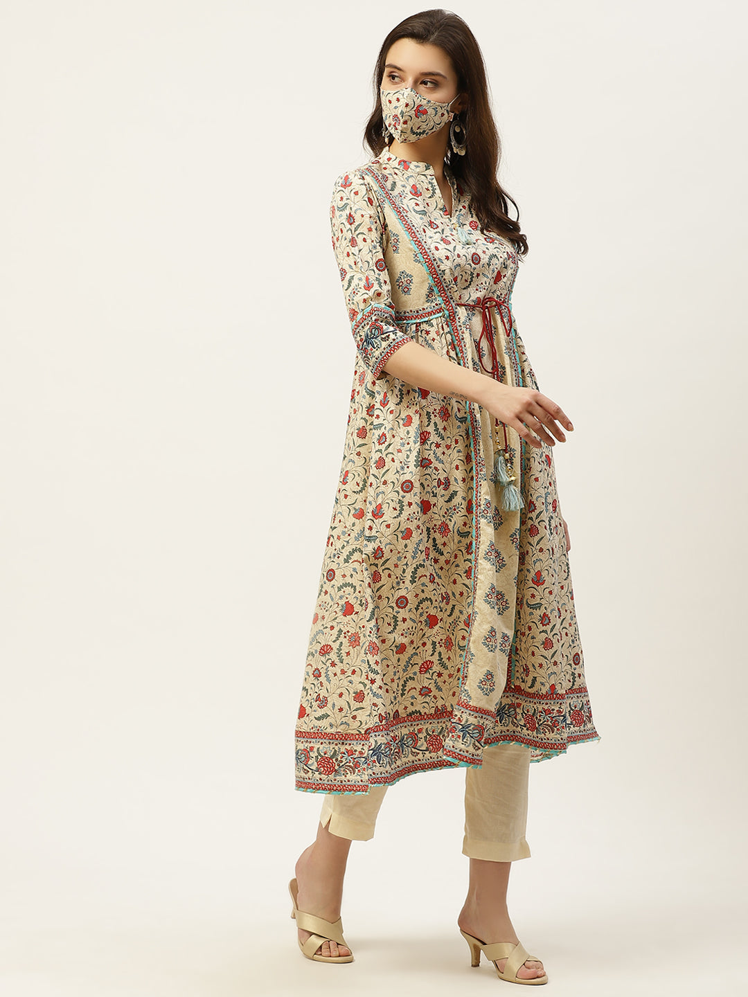 Juniper Womens Beige Cambric Printed Flared Kurta - Swadesiicart
