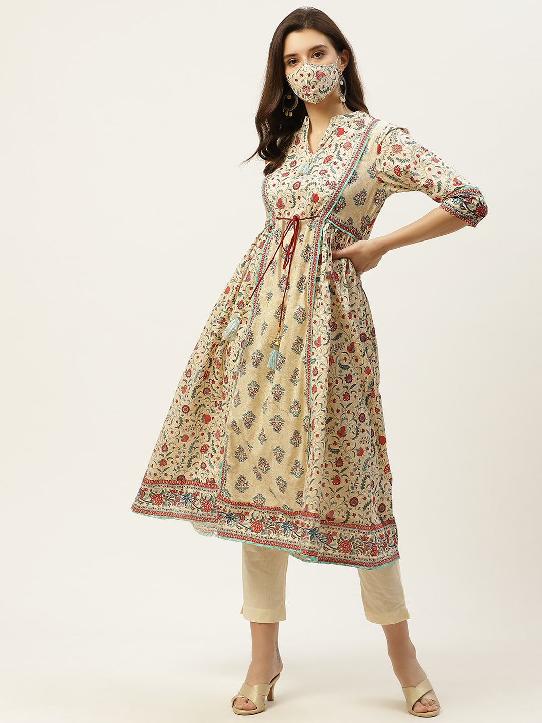 Juniper Womens Beige Cambric Printed Flared Kurta - Swadesiicart