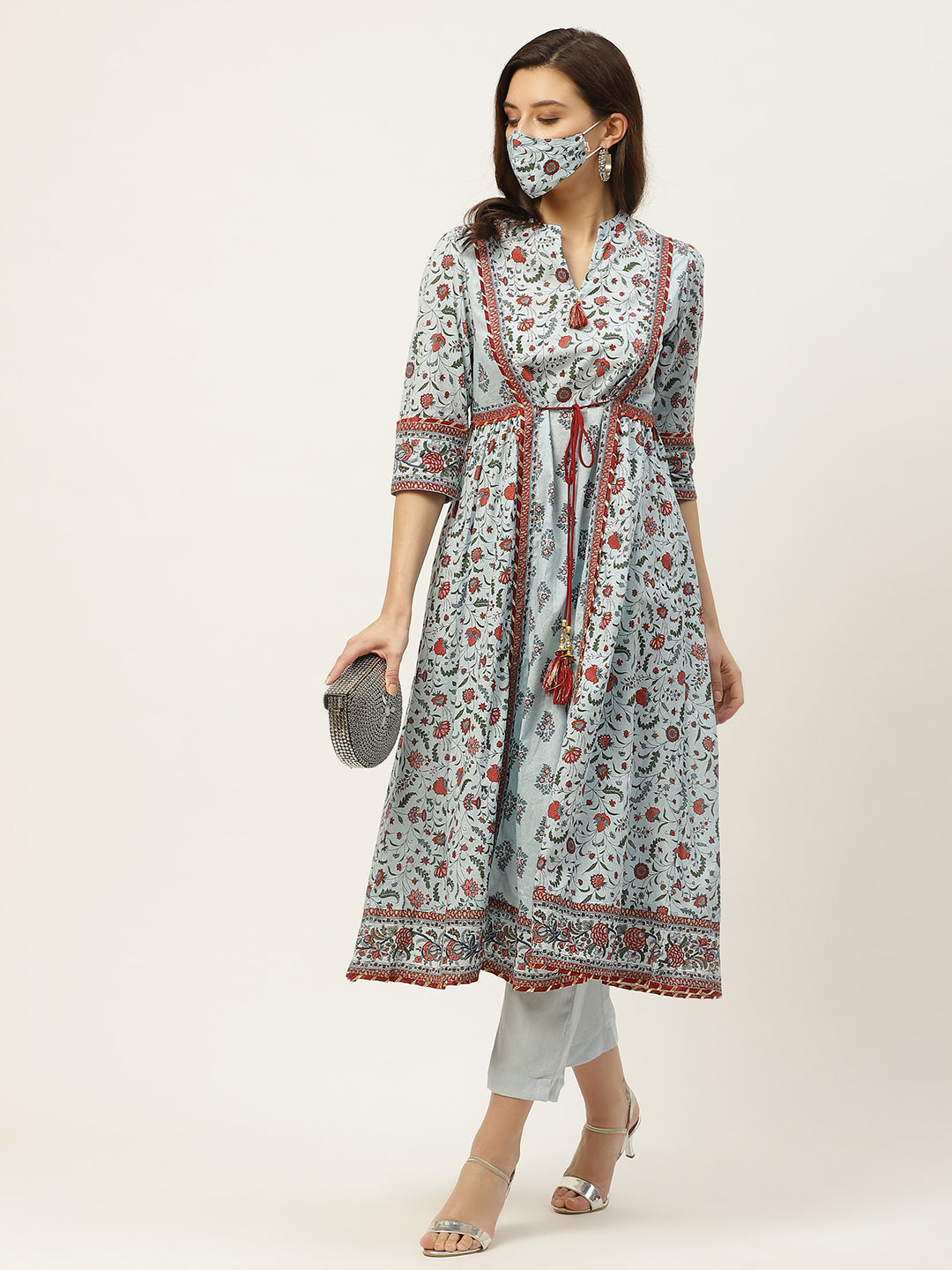 Juniper Womens Blue Cambric Printed Flared Kurta | Swadesiicart