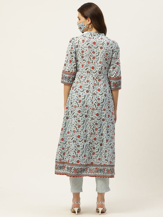 Juniper Womens Blue Cambric Printed Flared Kurta | Swadesiicart