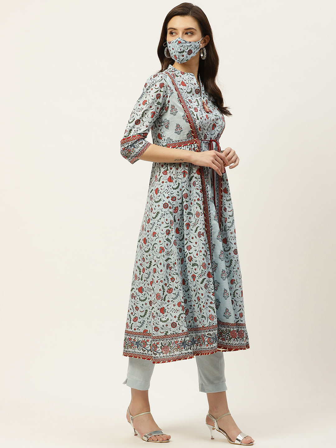 Juniper Womens Blue Cambric Printed Flared Kurta | Swadesiicart