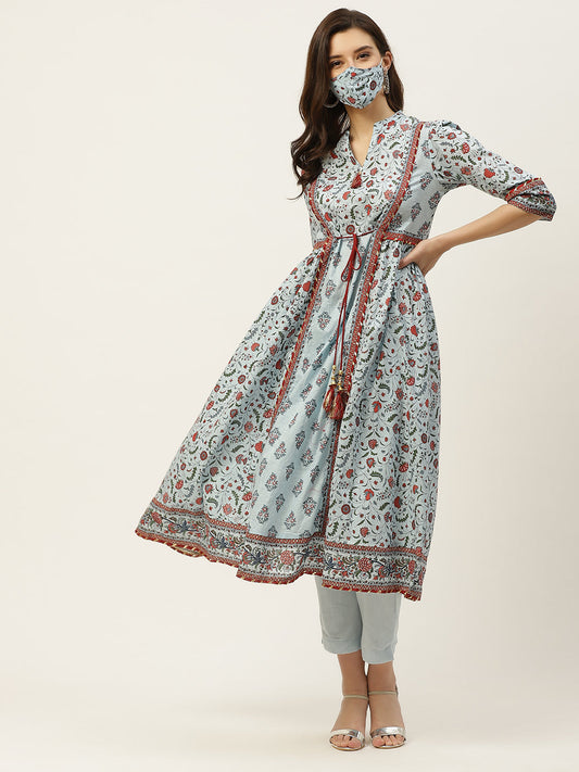 Juniper Womens Blue Cambric Printed Flared Kurta | Swadesiicart
