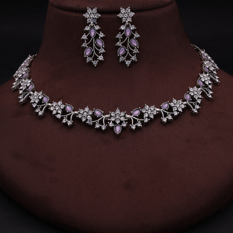 Tehzeeb Creations Silver Pleated White Diamond With Lavender Beads Necklace Set - Swadesiicart