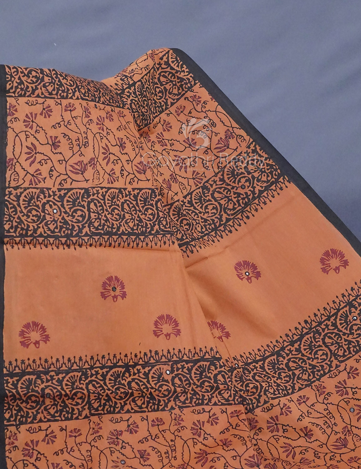 Dark Mustard Colour Block Print With Mirron Embroidered Pure Mulmul Cotton Saree By Gayathri Reddy Designer Studio | Swadesiicart