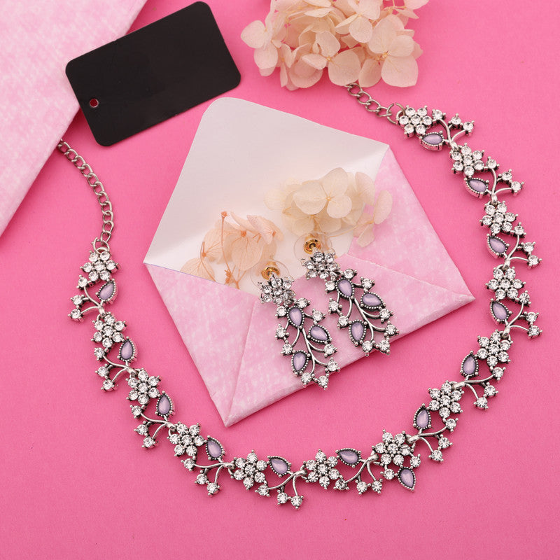 Tehzeeb Creations Silver Pleated White Diamond With Lavender Beads Necklace Set - Swadesiicart