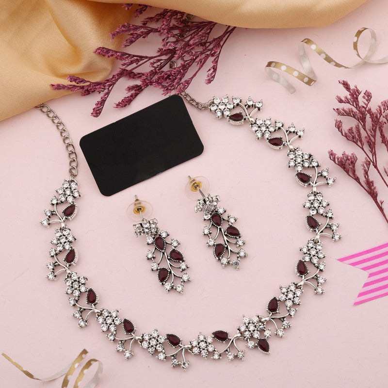 Tehzeeb Creations Silver Pleated White Diamond With Maroon Beads Necklace Set - Swadesiicart