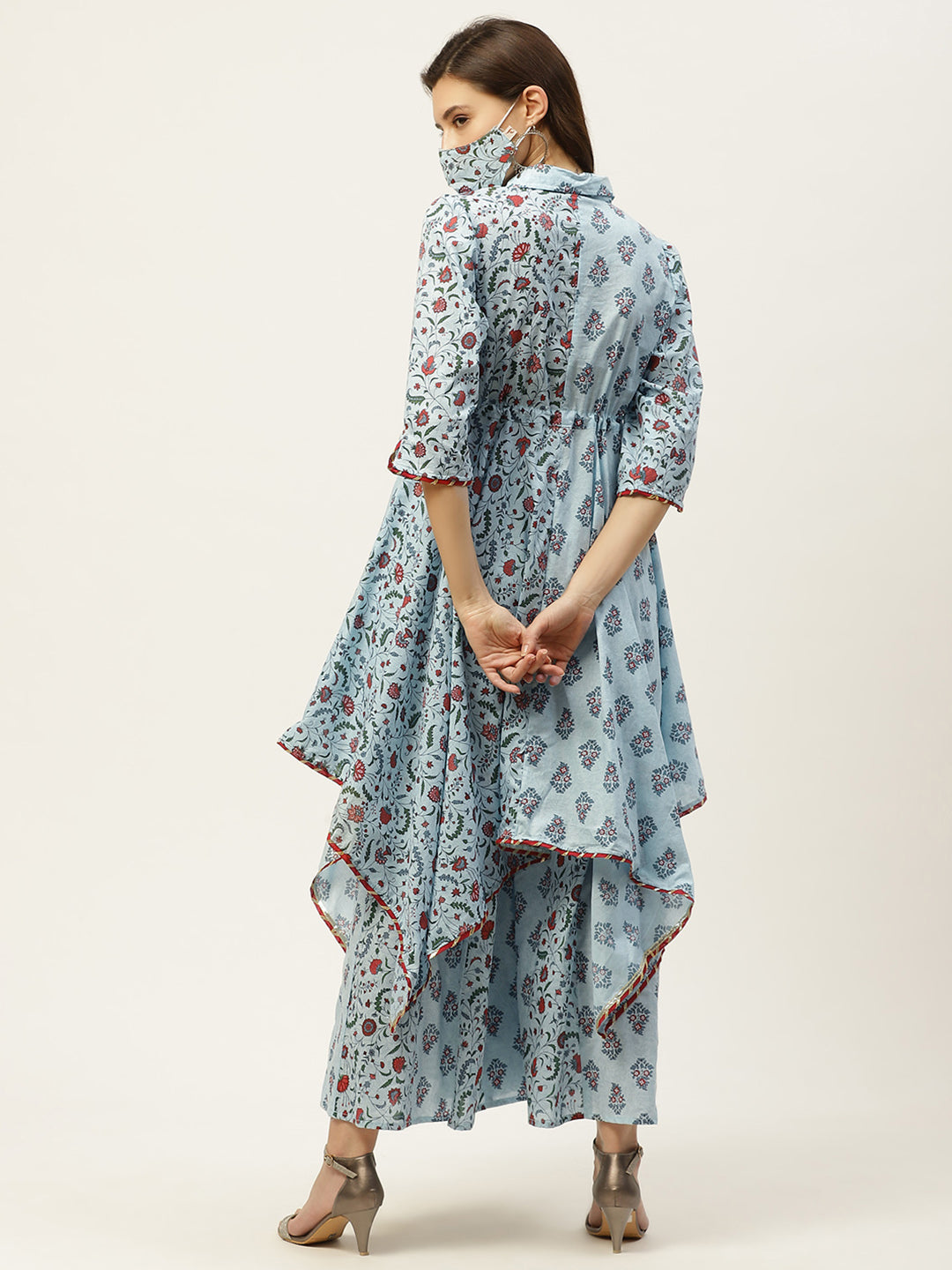 Juniper Women Blue Cambric Printed Asymmetric Clothing Set | Swadesiicart