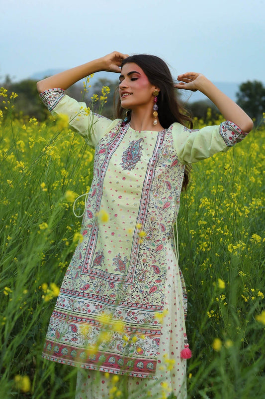 Juniper Women's Limegreen Cambric Printed Straight Kurta Sets | Swadesiicart