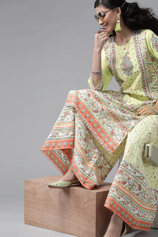 Juniper Women's Limegreen Cambric Printed Straight Kurta Sets | Swadesiicart