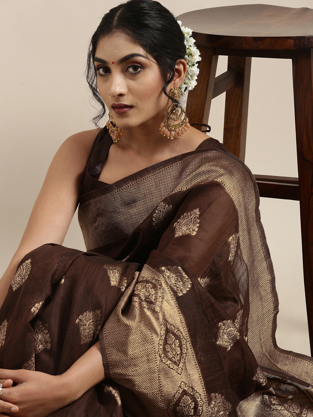 Saree Mall Brown Ethnic Motifs Linen Blend Banarasi Saree | Swadesiicart