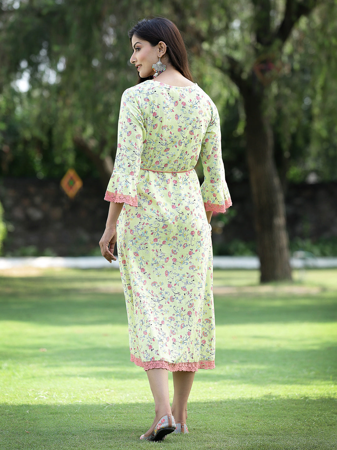 Juniper Womens Lime Green Multi Rayon Slub Double Layer Printed Kurta | Swadesiicart