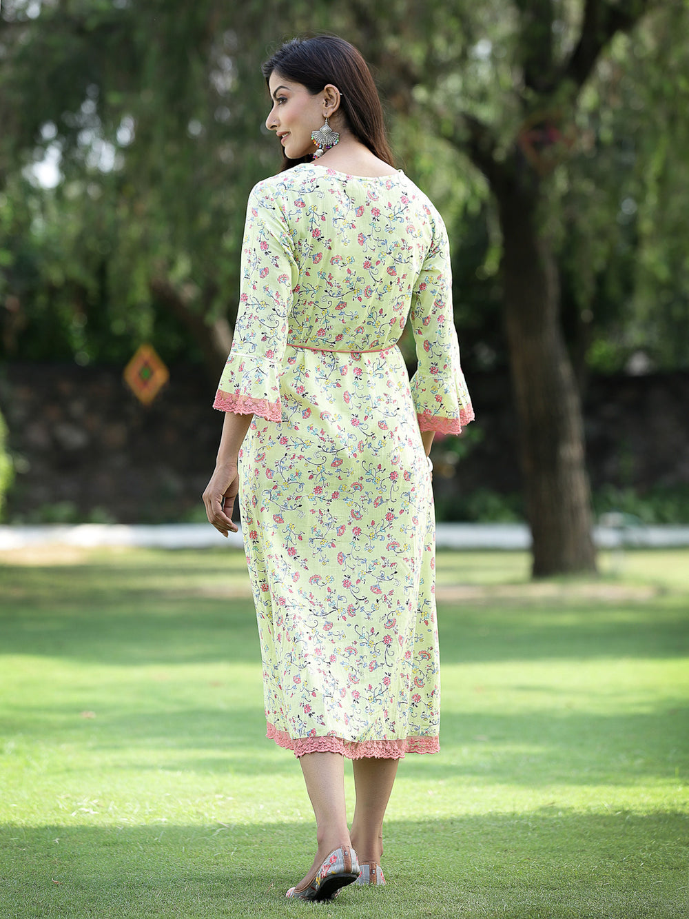 Juniper Women's Limegreen Cambric Embroidered & Printed Jacket Style Kurta | Swadesiicart