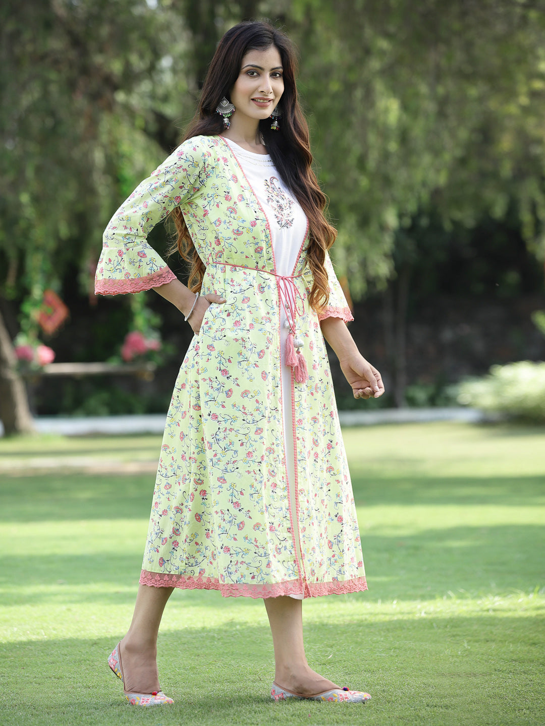 Juniper Womens Lime Green Multi Rayon Slub Double Layer Printed Kurta | Swadesiicart