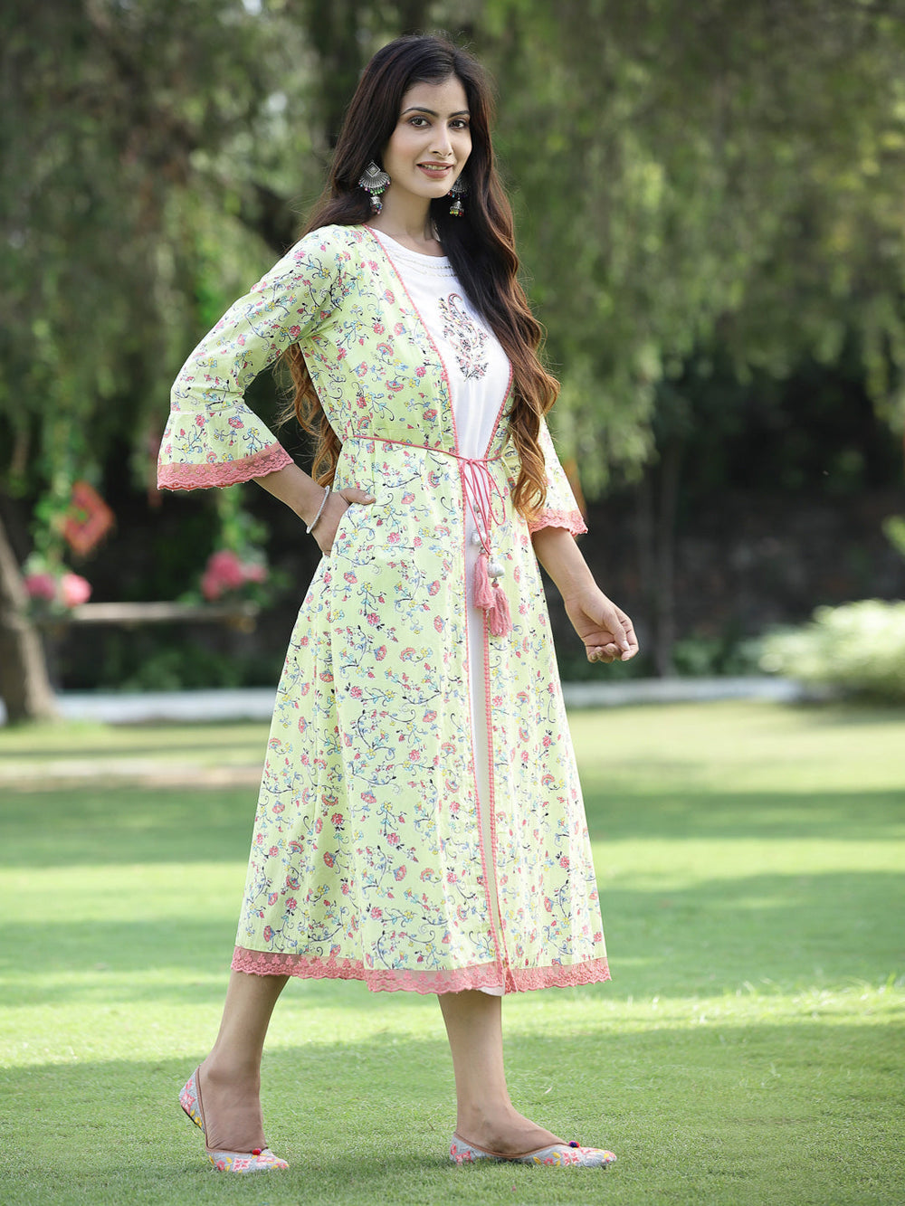 Juniper Women's Limegreen Cambric Embroidered & Printed Jacket Style Kurta | Swadesiicart