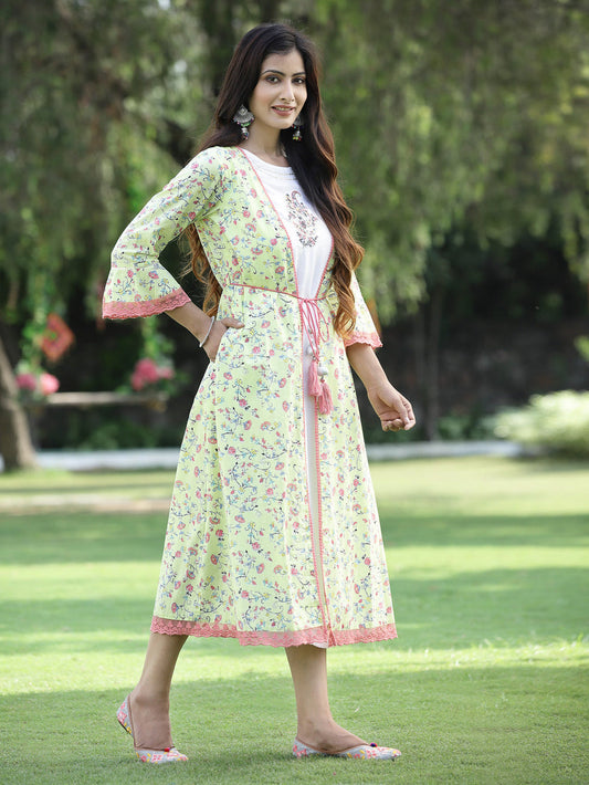 Juniper Women's Limegreen Cambric Embroidered & Printed Jacket Style Kurta | Swadesiicart